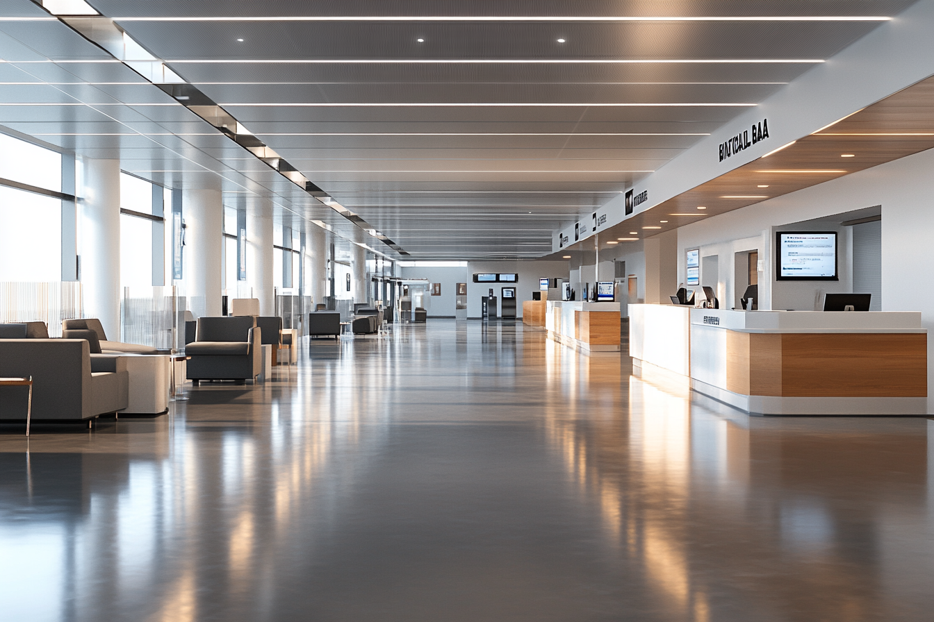 Modern bank lobby with sleek decor and seating.