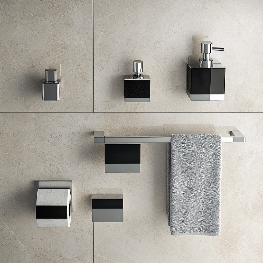 Modern bathroom set with soap, towel, and toilet accessories.