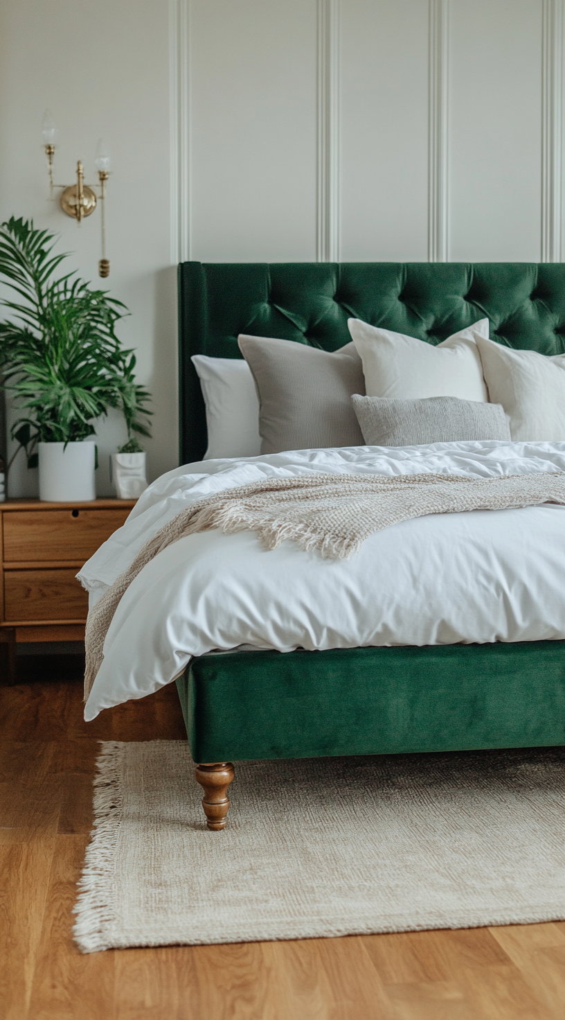 Modern bedroom with green bed, white pillows, plants.