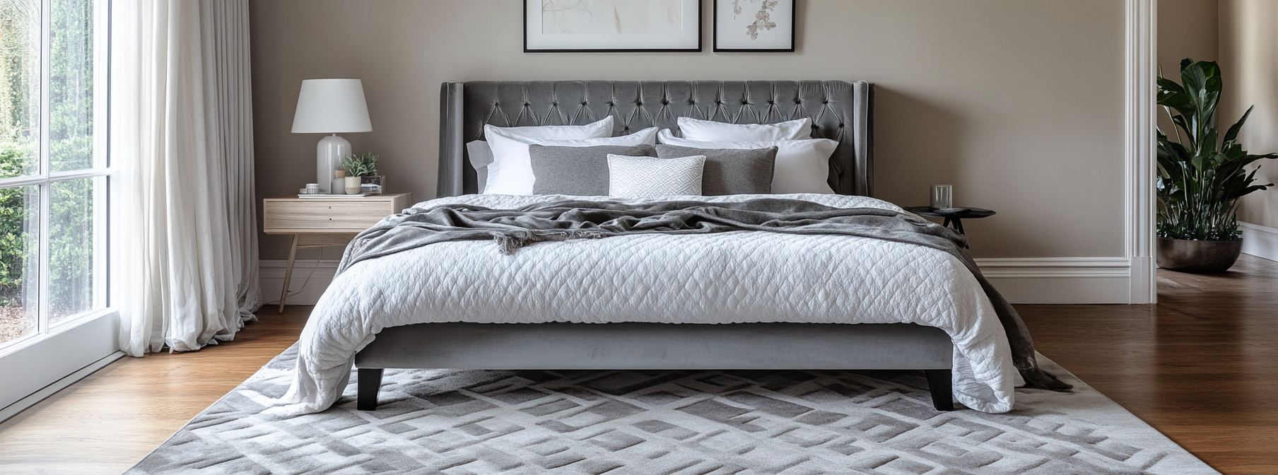 Modern bedroom with grey bed and geometric carpet