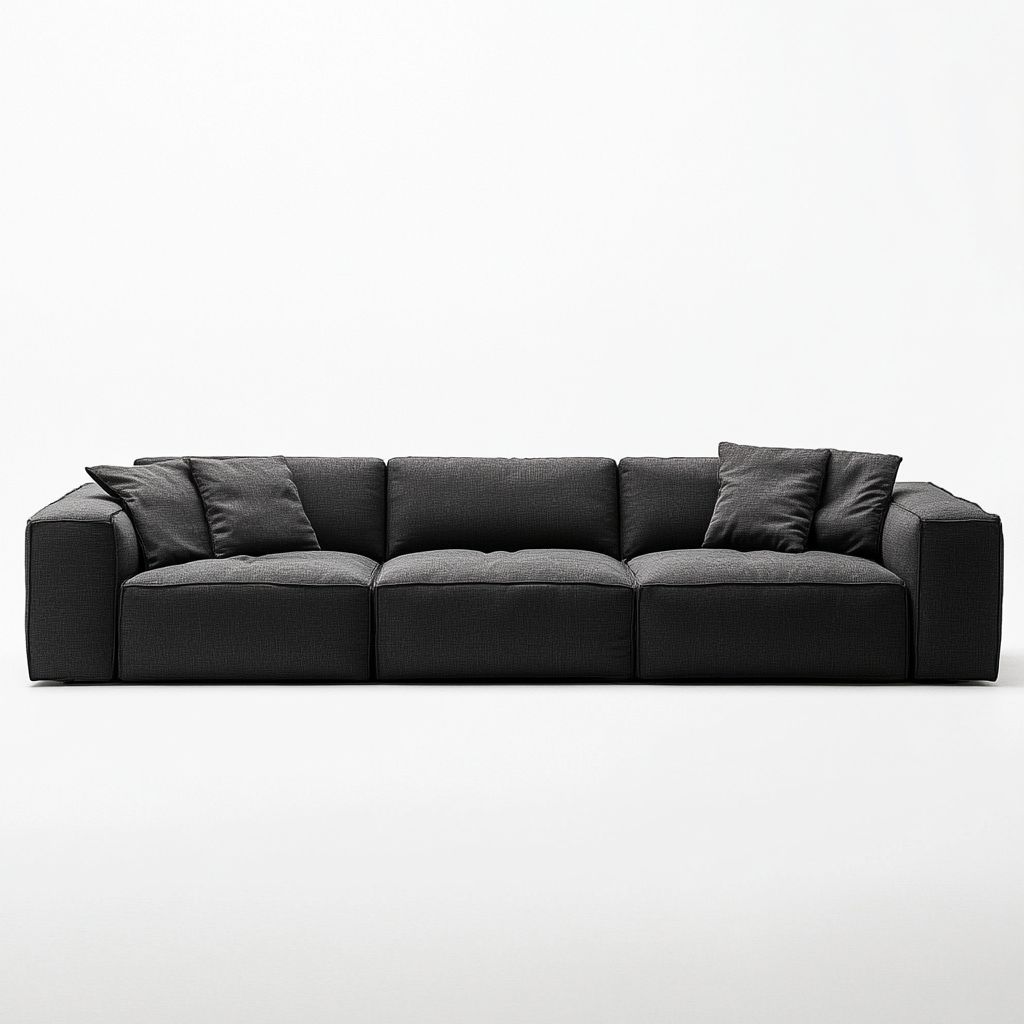 Modern black long sofa with stiff soft seating.