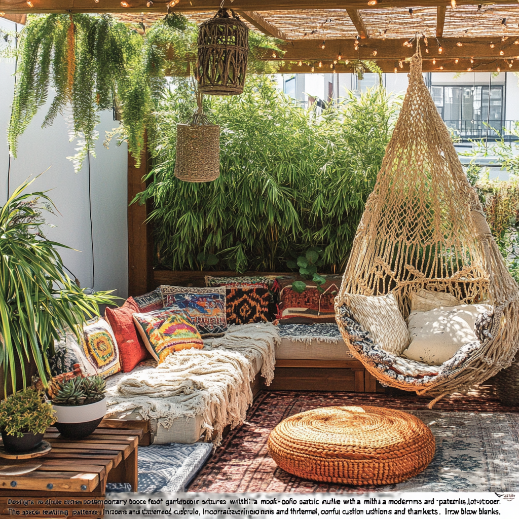 Modern boho rooftop garden with eclectic furniture and lush greenery.