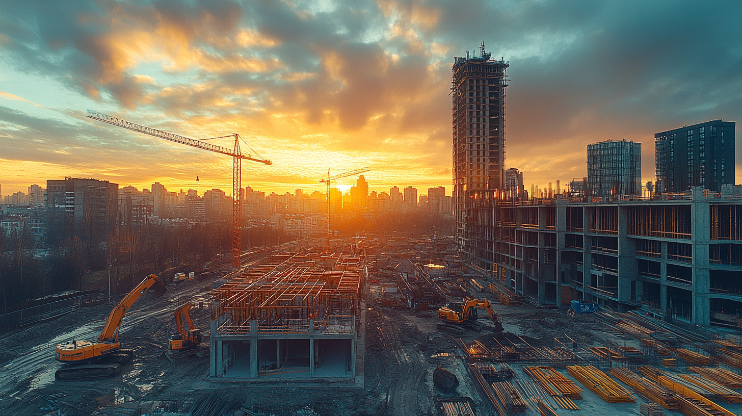 Modern building site with construction equipment in sunrise.