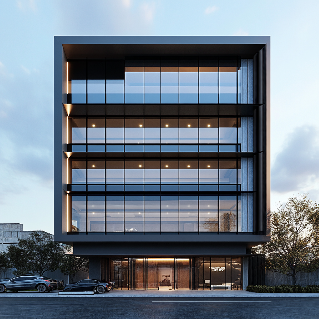 Modern building with commercial space, office floors below.