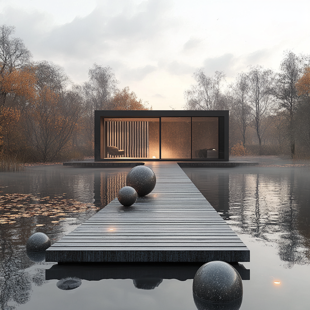 Modern cabin on flat platform supported by spheres in lake.