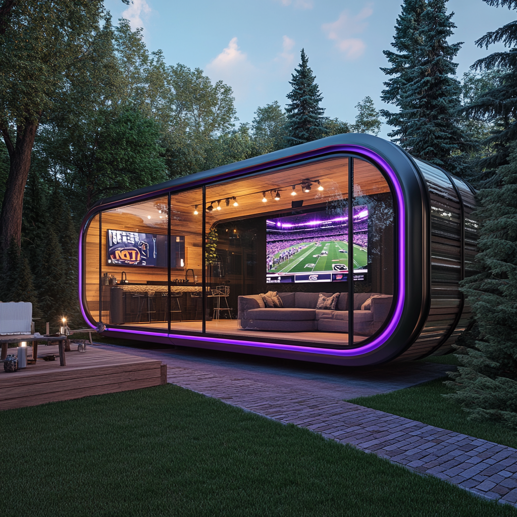 Modern camper pods, Vikings themed, glass and steel, Madden icons.