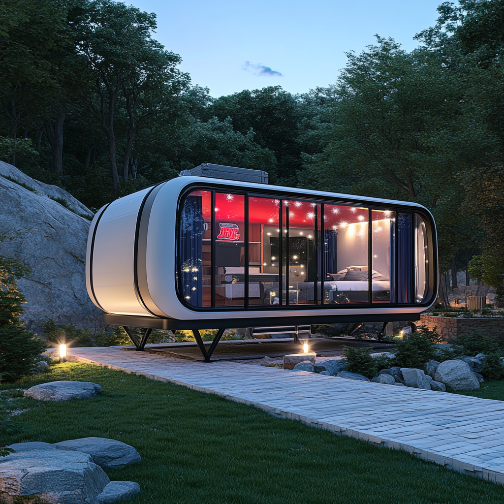 Modern camper pods with New England Patriots theme on cliff.