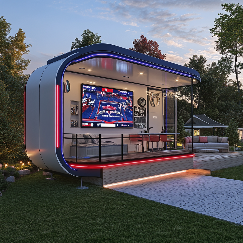 Modern camper pods with Patriots theme, pod cast studio.