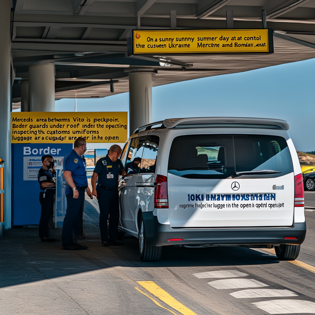 Modern car at customs checkpoint on sunny border day.