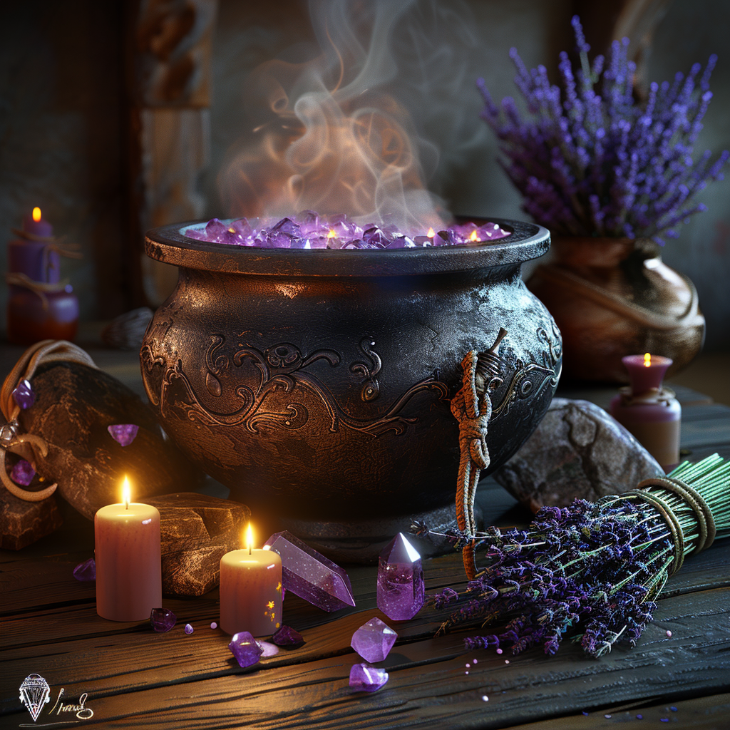 Modern cauldron with bubbling magic potion, candles, crystals.