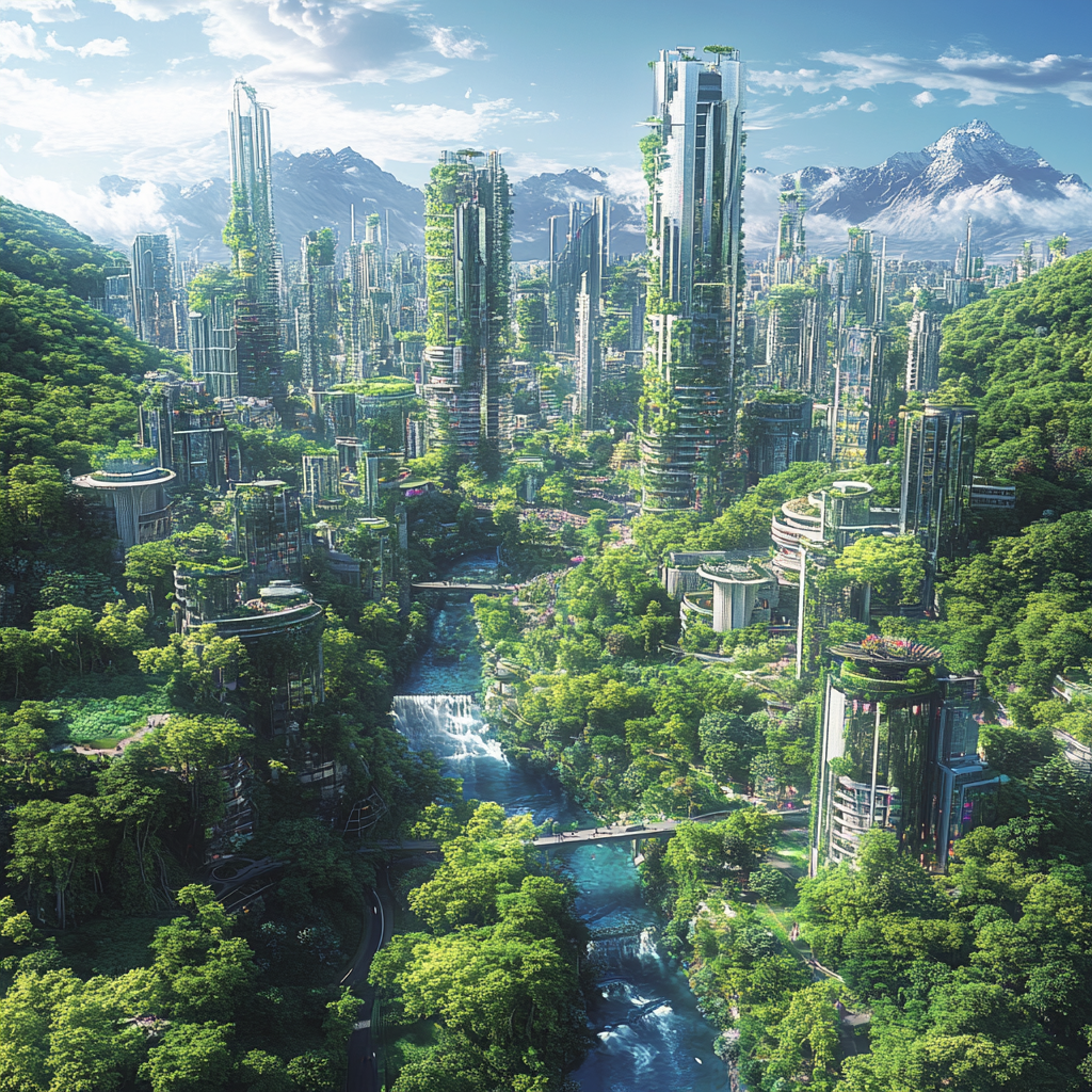 Modern city blends with nature, peaceful and harmonious.