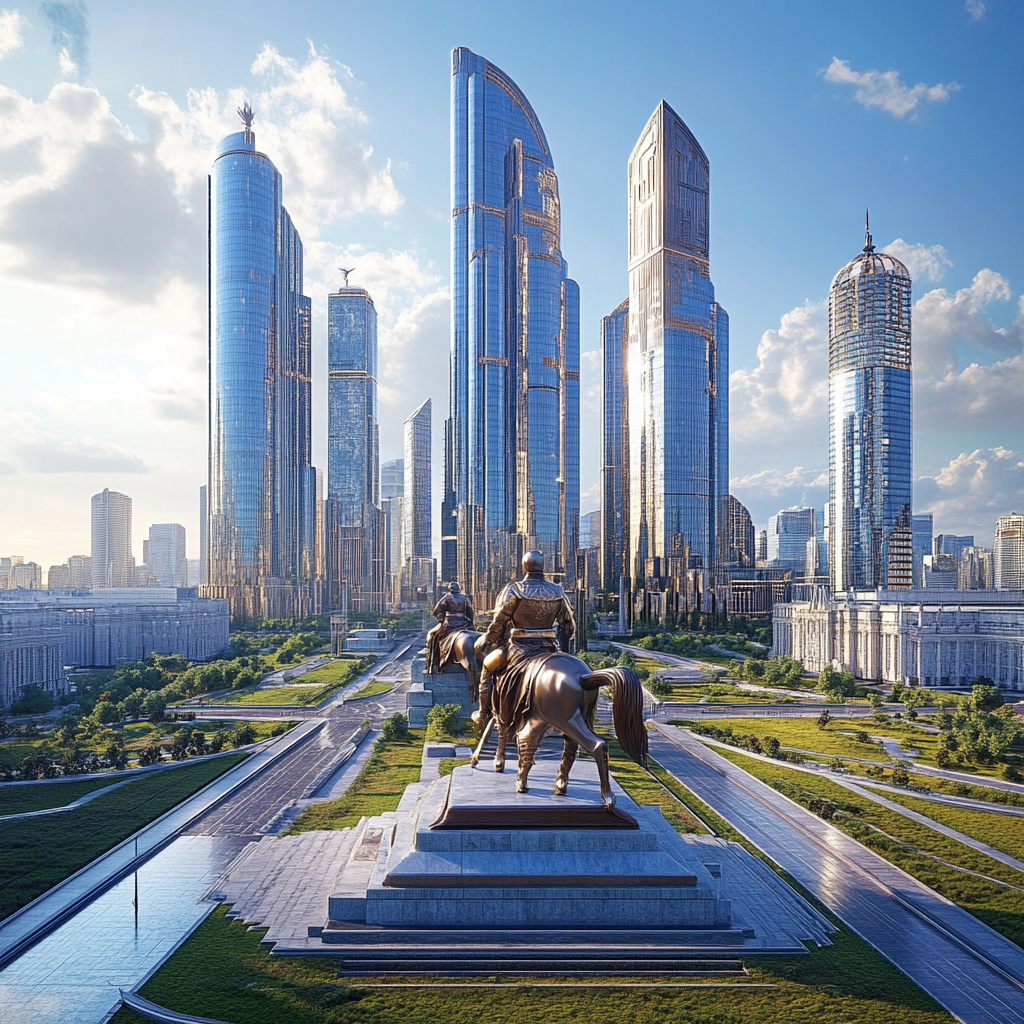 Modern city with Scythian-inspired structures, statues, and landscapes.