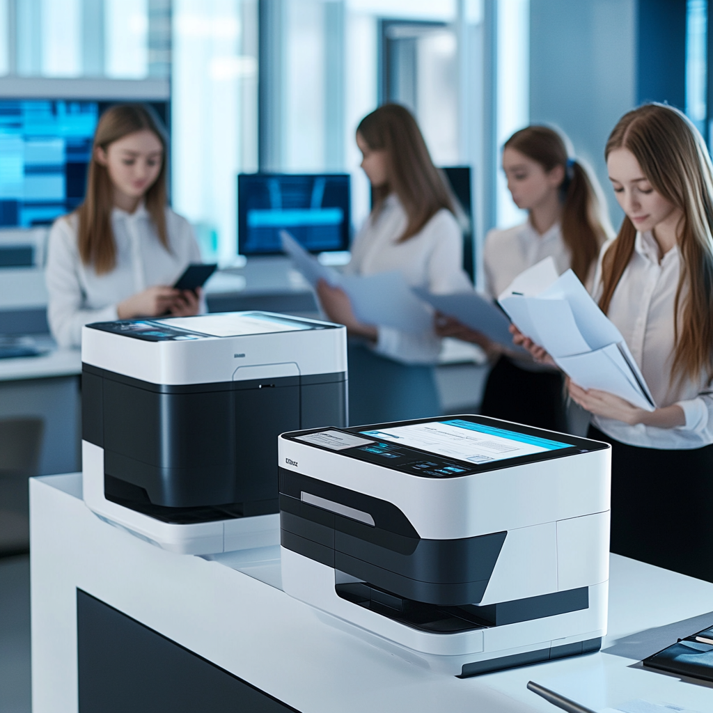 Modern copier machines in office with women workers