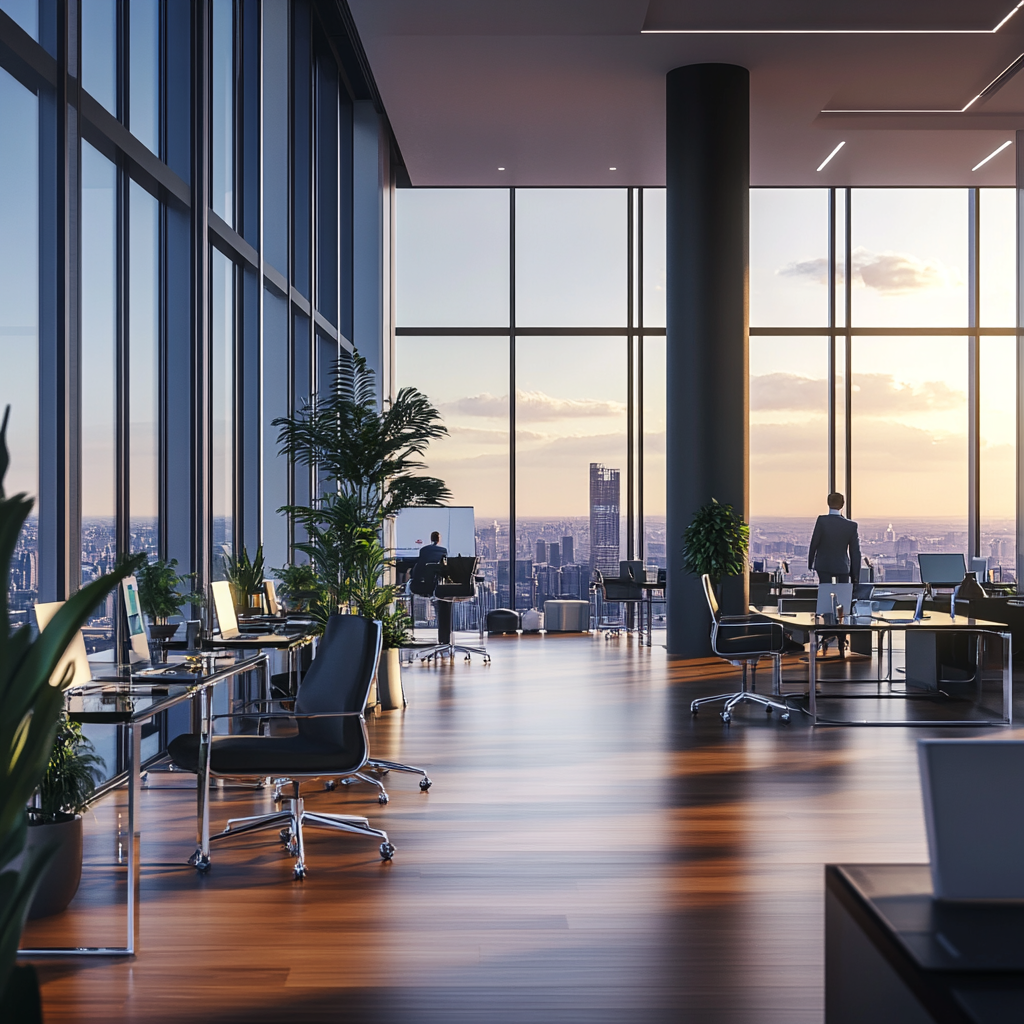 Modern corporate office with panoramic city view. Glass desks.