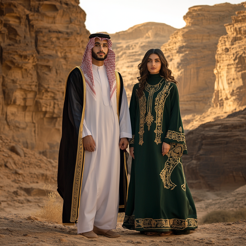 Modern couple in AlUla, Saudi traditional attire