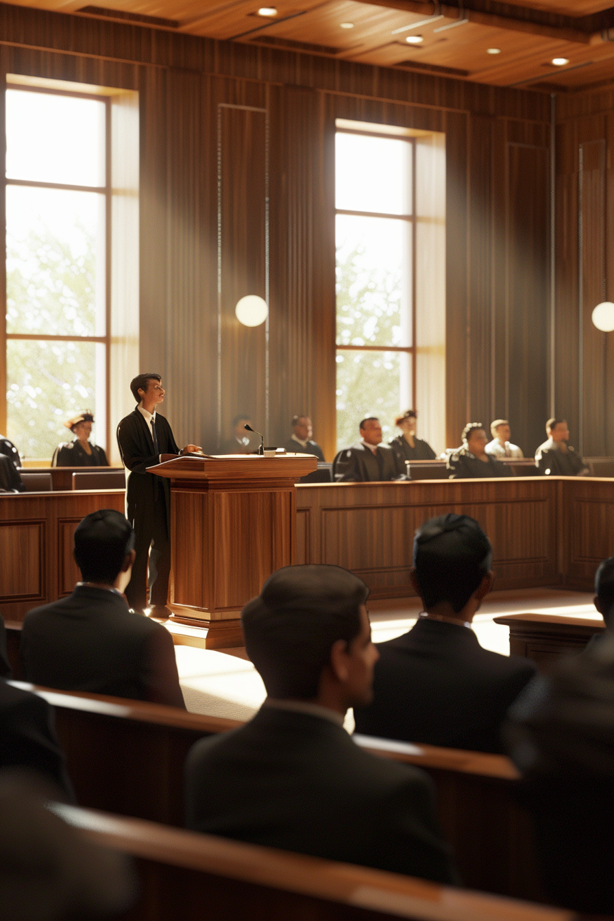 Modern courtroom scene with young educator speaking at podium.