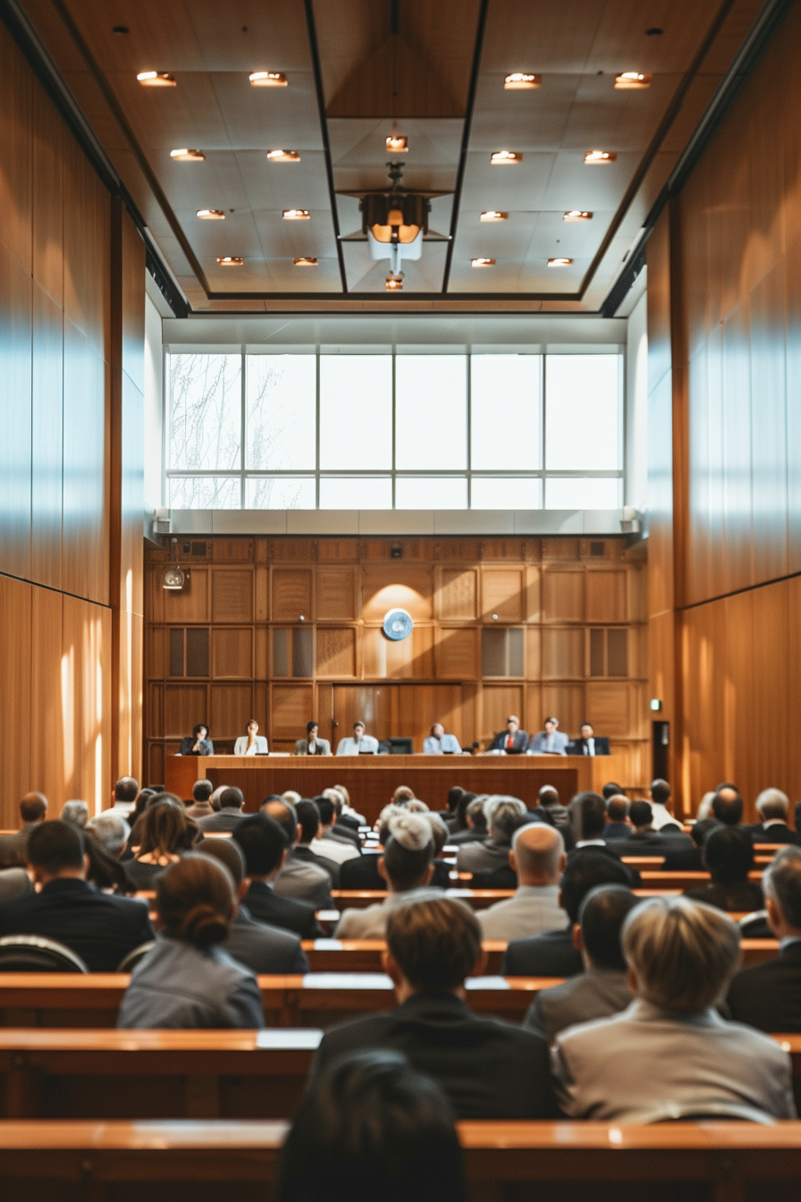 Modern courtroom with legal professionals, judges, and lawyer.