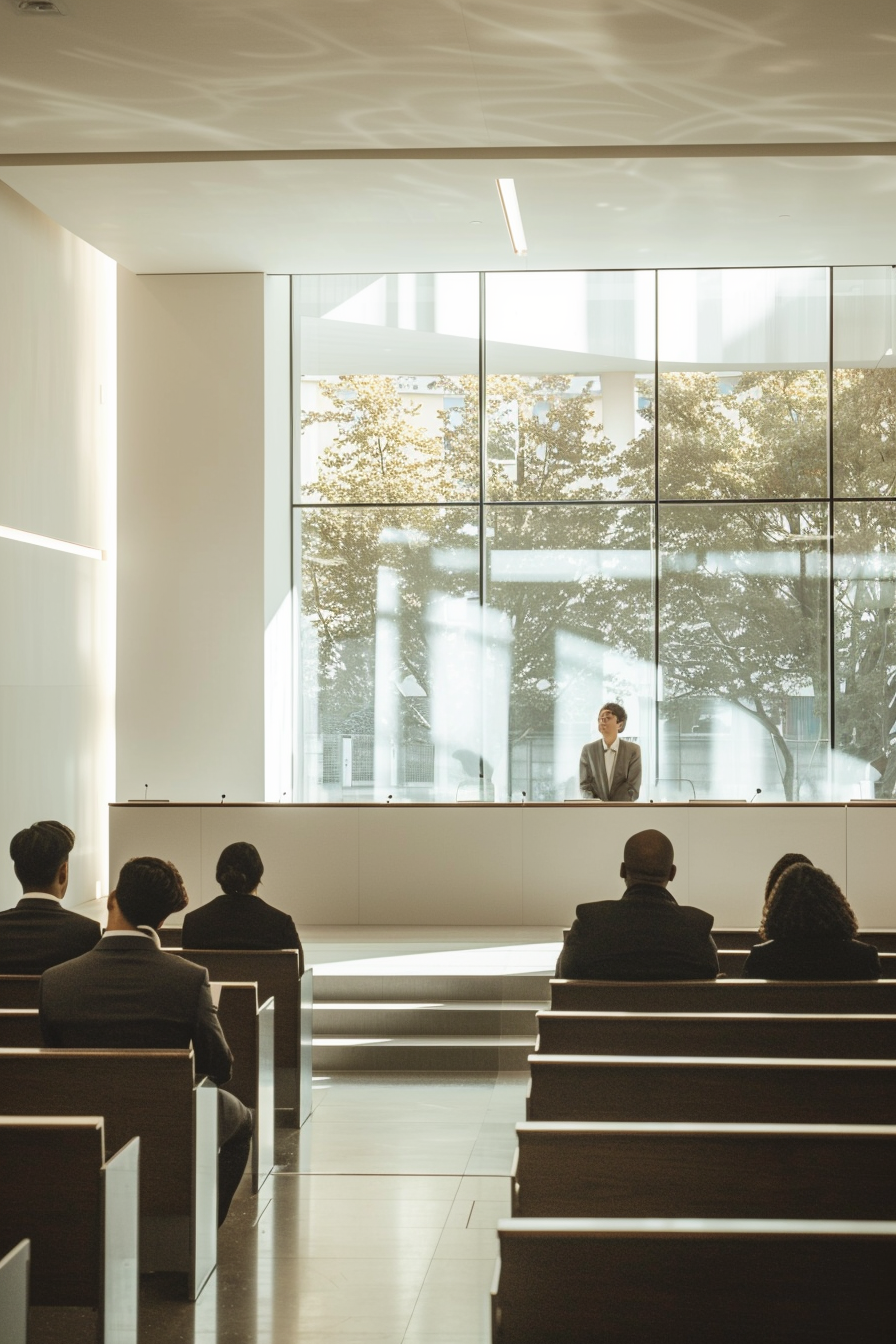 Modern courtroom with minimalist design, educator speaks confidently.