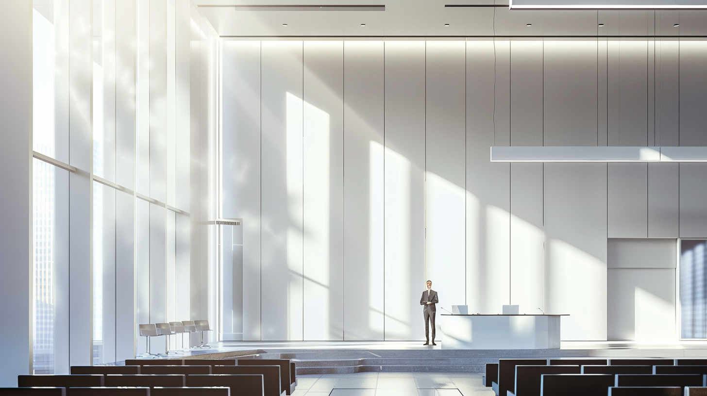 Modern courtroom with minimalist design, professional audience watches educator.