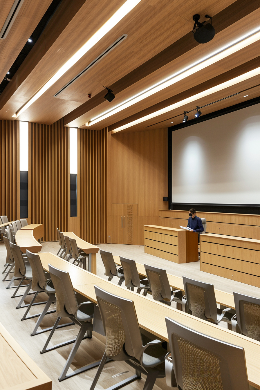 Modern courtroom with sleek wooden walls, large display.