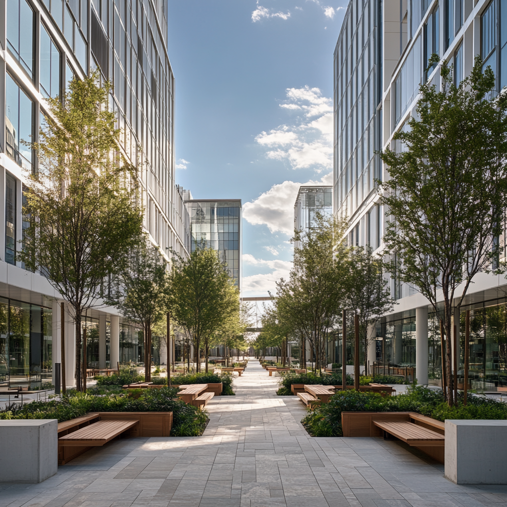 Modern downtown garden with trees, benches, and buildings. Sky is sunny with blue clouds.