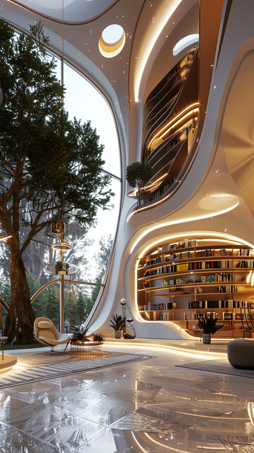 Modern fantasy library, luxury shape, hyper realistic, organic structures.