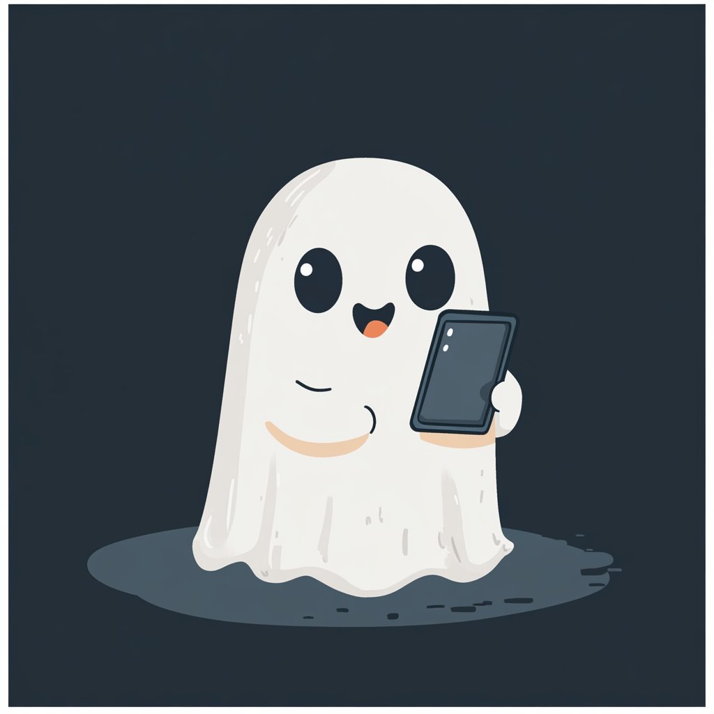 Modern flat design of cute ghost with smartphone illustration.