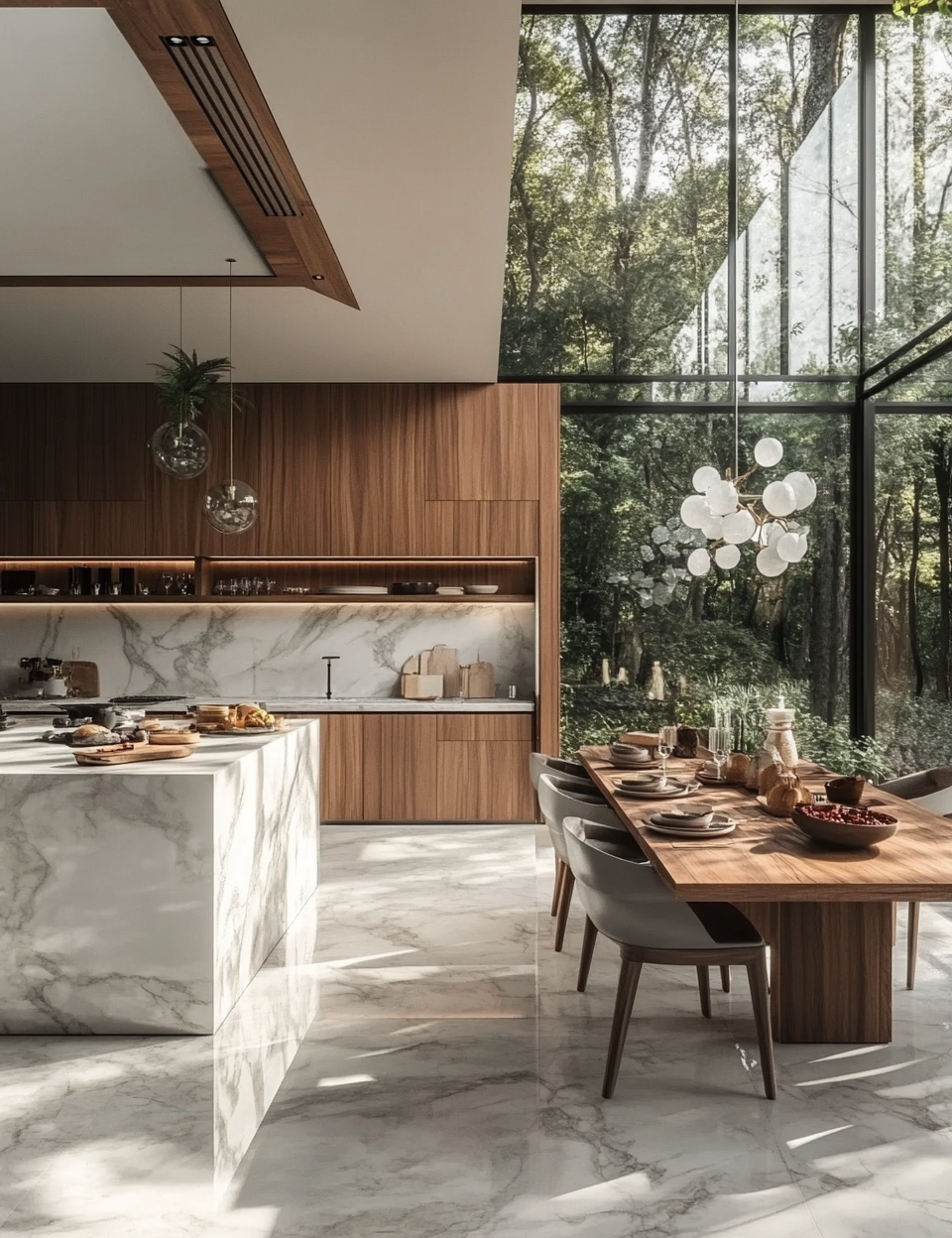 Modern forest kitchen with marble and wood living room.