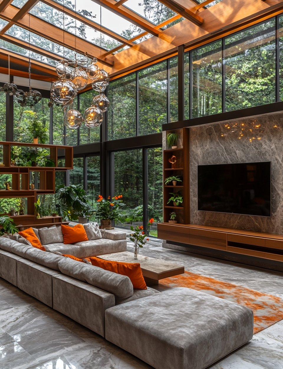 Modern forest living room with luxury materials and natural light.