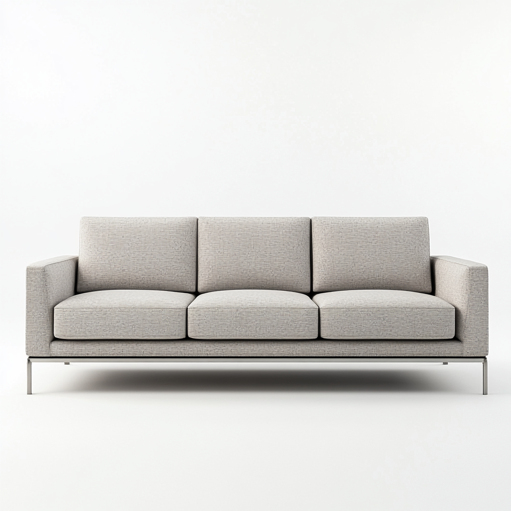 Modern gray sofa with metal legs, white background, high quality resolution.