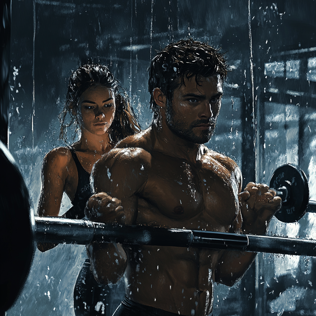 Modern gym scene with man and woman lifting barbell.