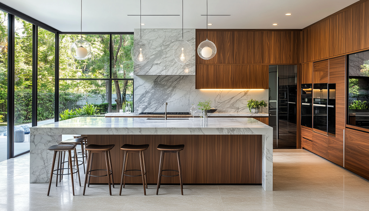 Modern kitchen island with marble countertop, wood cabinetry 