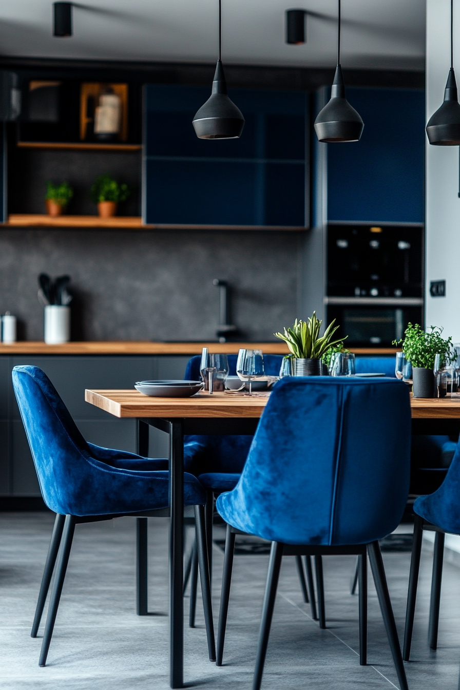 Modern kitchen with dark velvet chairs, stylish interior design.