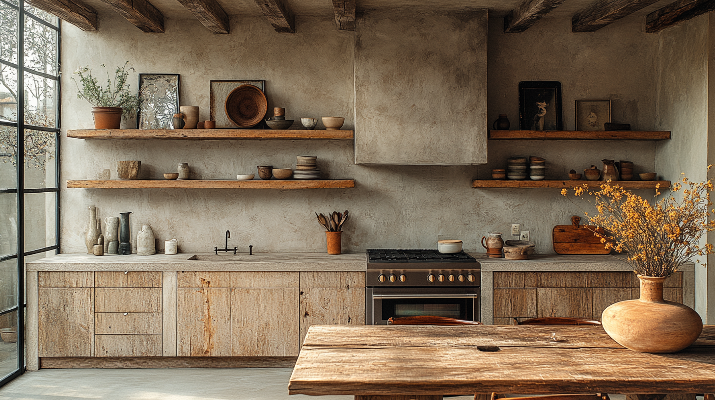 Modern kitchen with dining area, decorative shelves and vases.