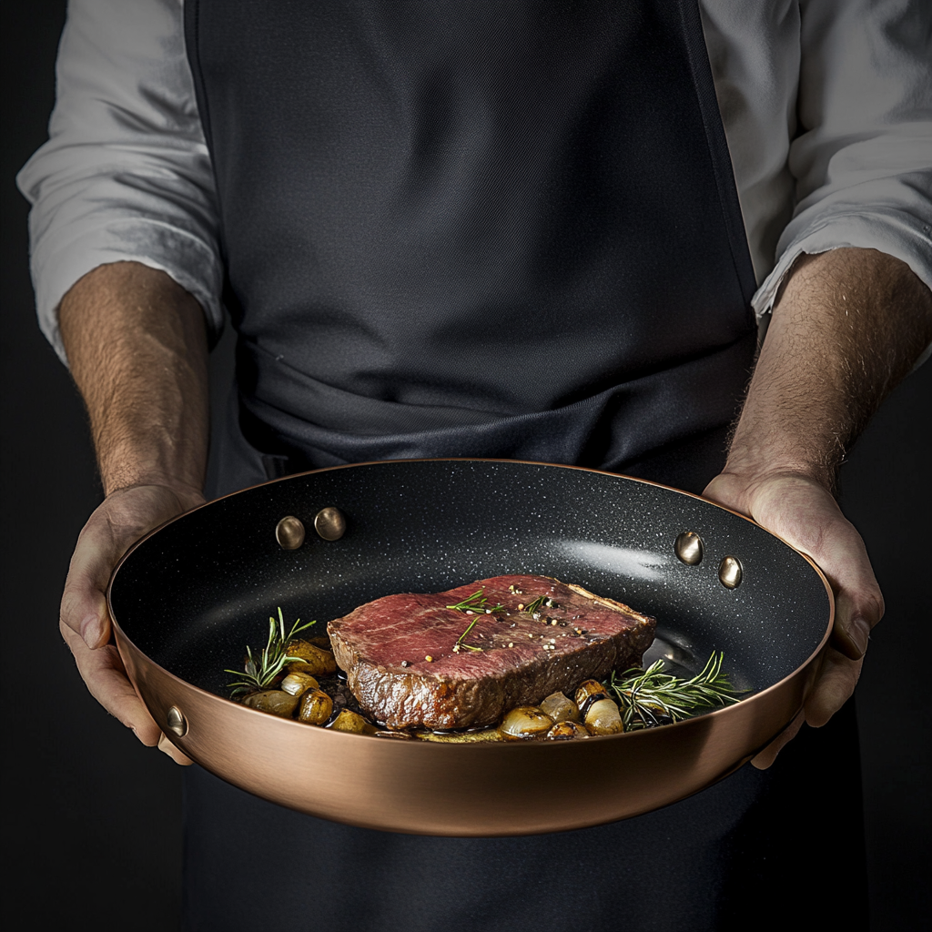 Modern kitchen with young man cooking steak