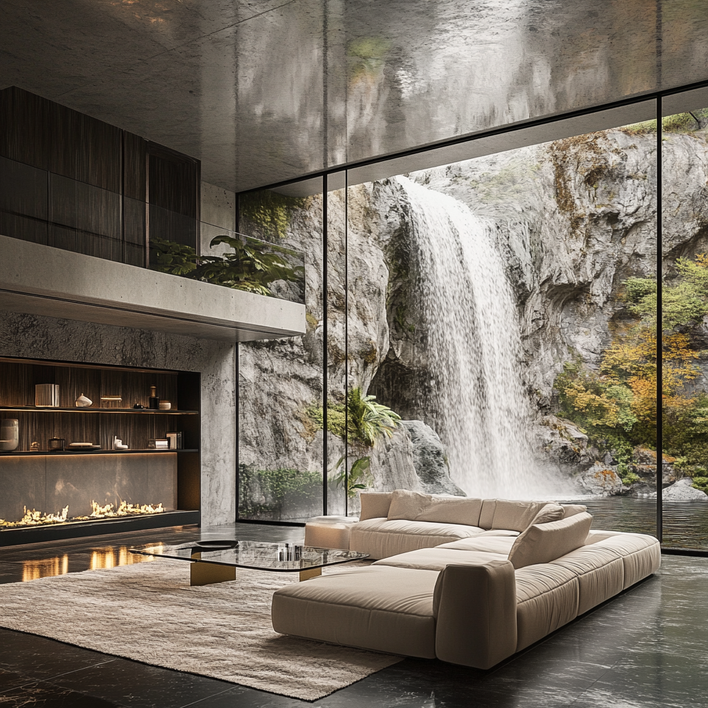 Modern living room in mansion under waterfall view