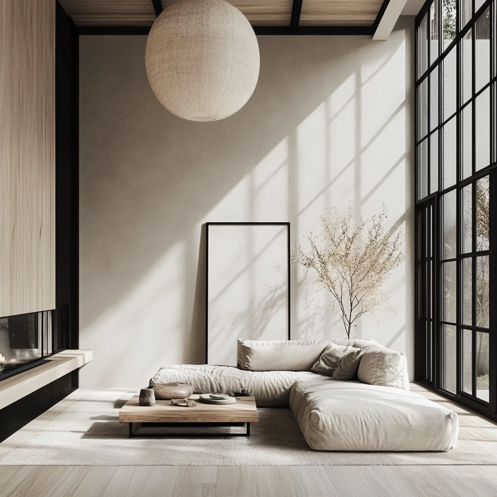 Modern living room with light wood and big windows.