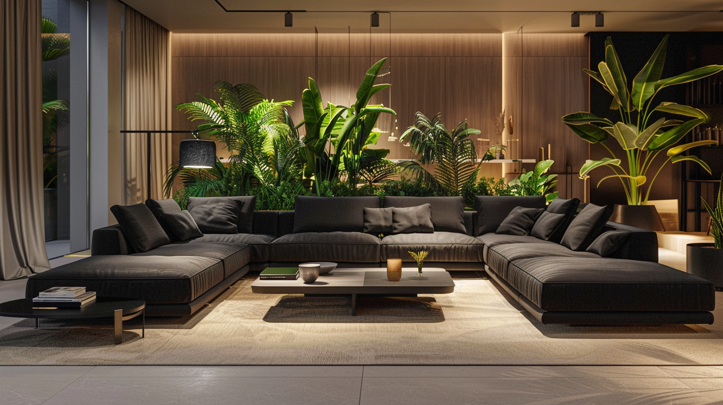 Modern living space with large dark sofas. Well-lit, minimalist decor focusing natural textures.