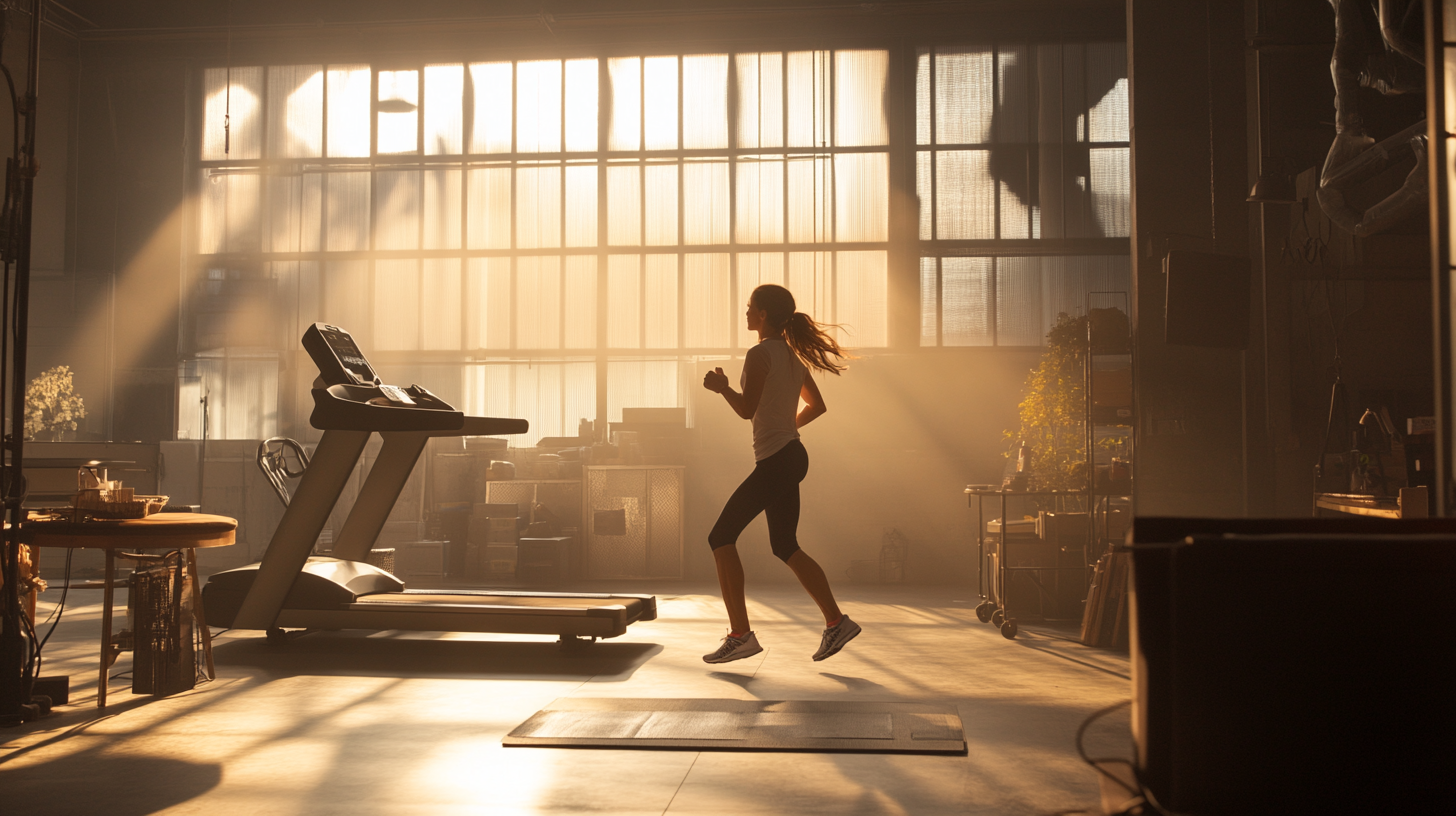 Modern loft set with mom on treadmill, cinematic film.