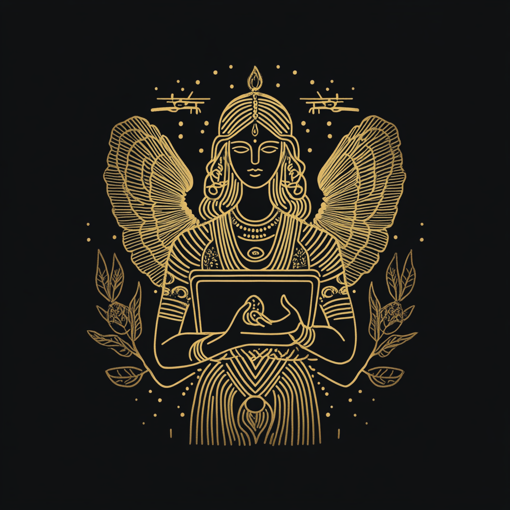 Modern logo of goddess Demeter with tech tools.