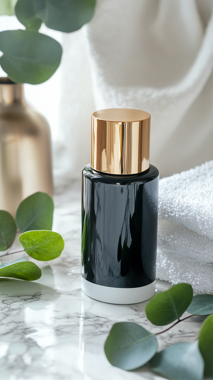 Modern luxurious shampoo bottle on marble countertop with towels.