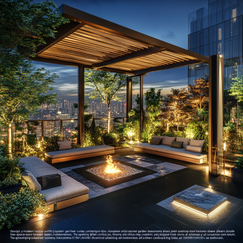 Modern luxury rooftop garden with Japanese-inspired elements at night.