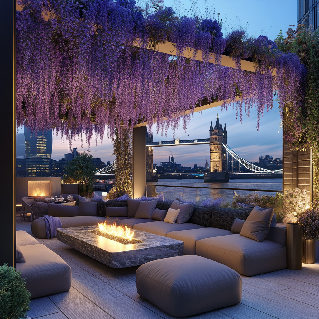 Modern luxury rooftop garden with London view & Tower Bridge.