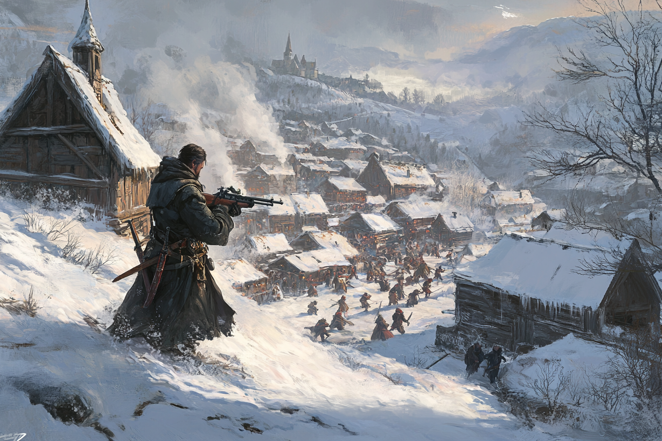 Modern mercenary captain hunting bandits in winter village.