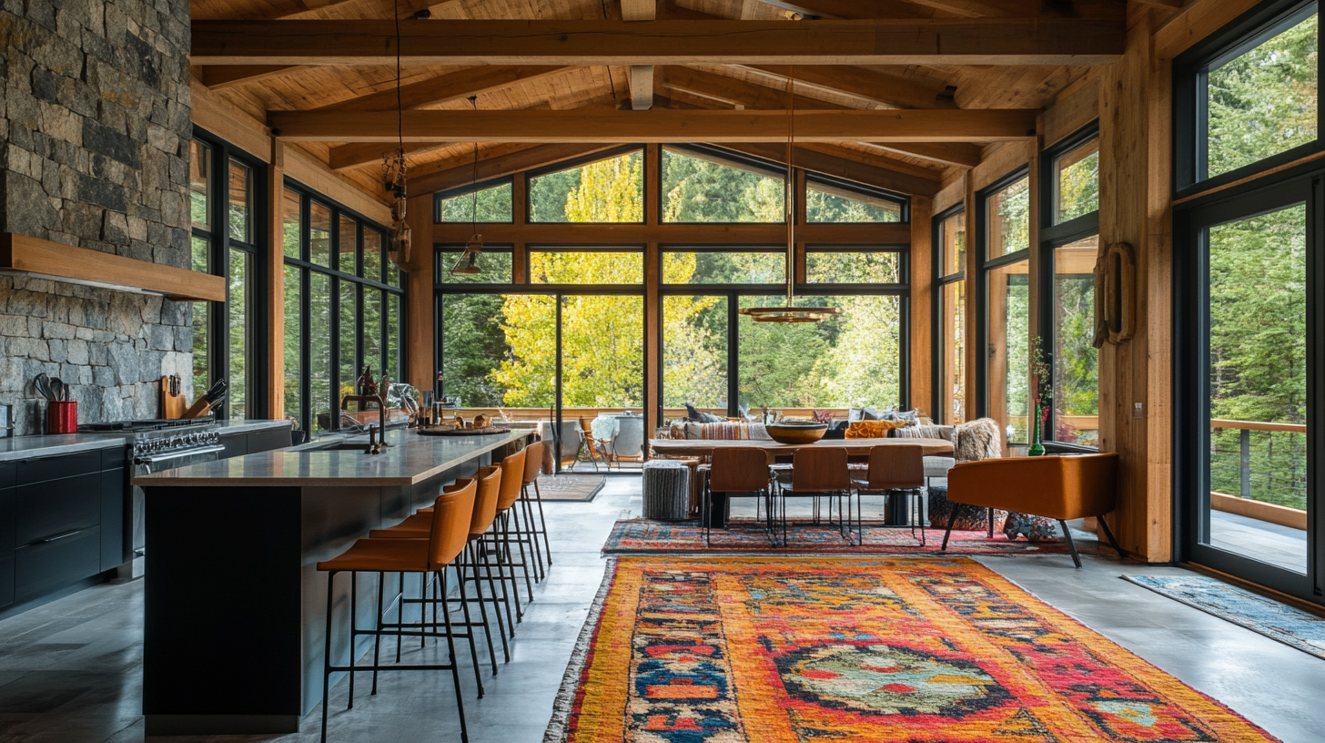 Modern mid-century cabin with open layout and large windows.