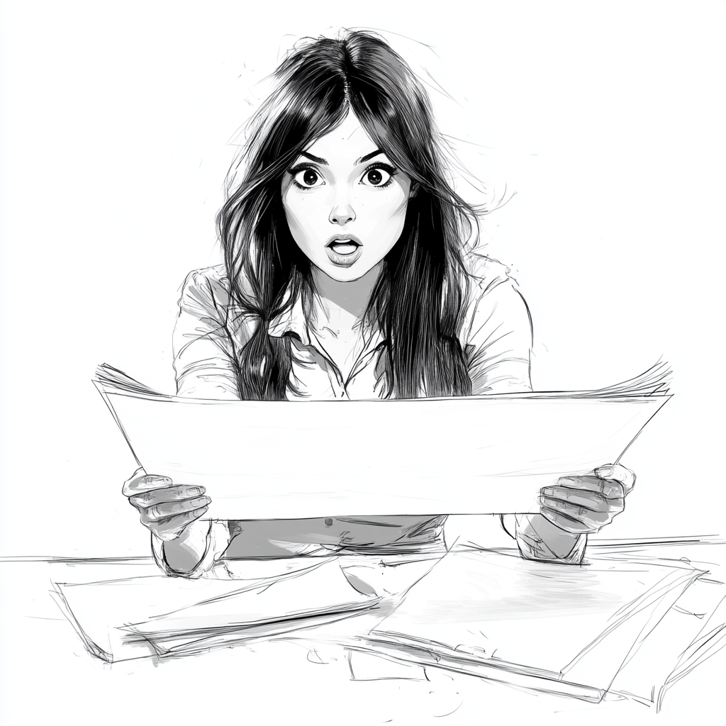 Modern office girl surprised holding long paper sketch.