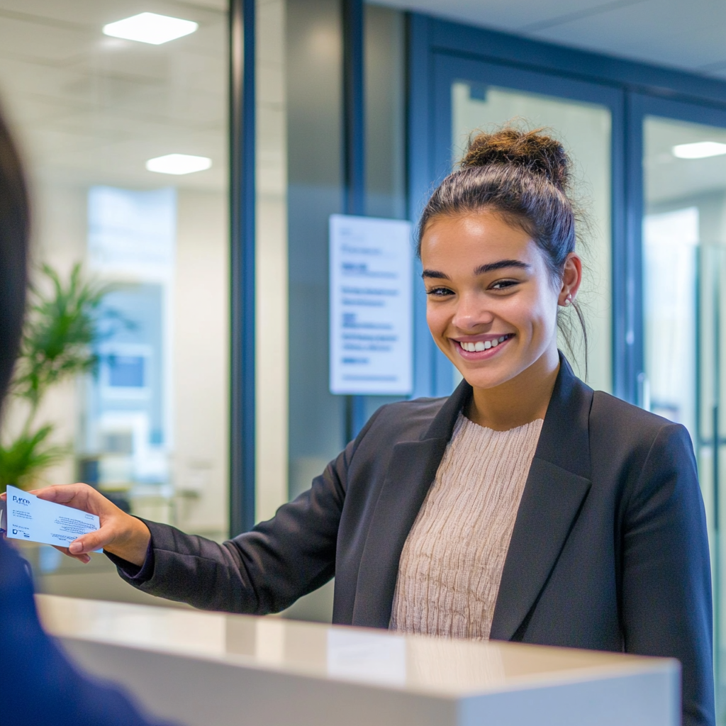 Modern office lobby scene with friendly receptionist welcoming guests.