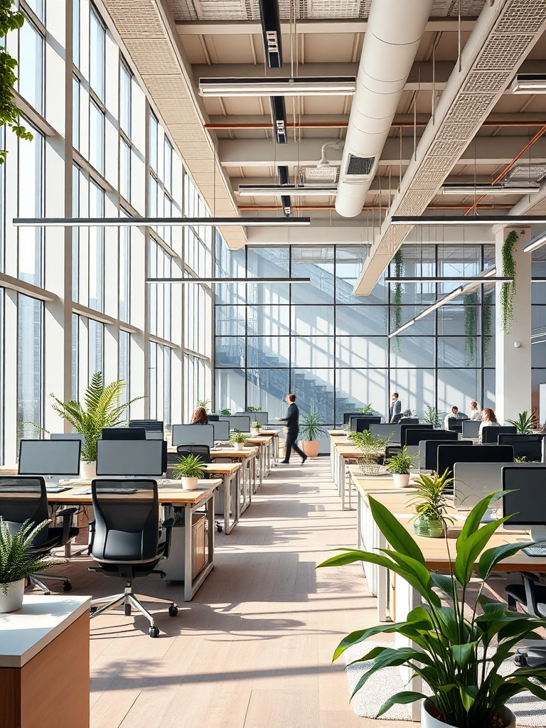 Modern office space with natural light and plants