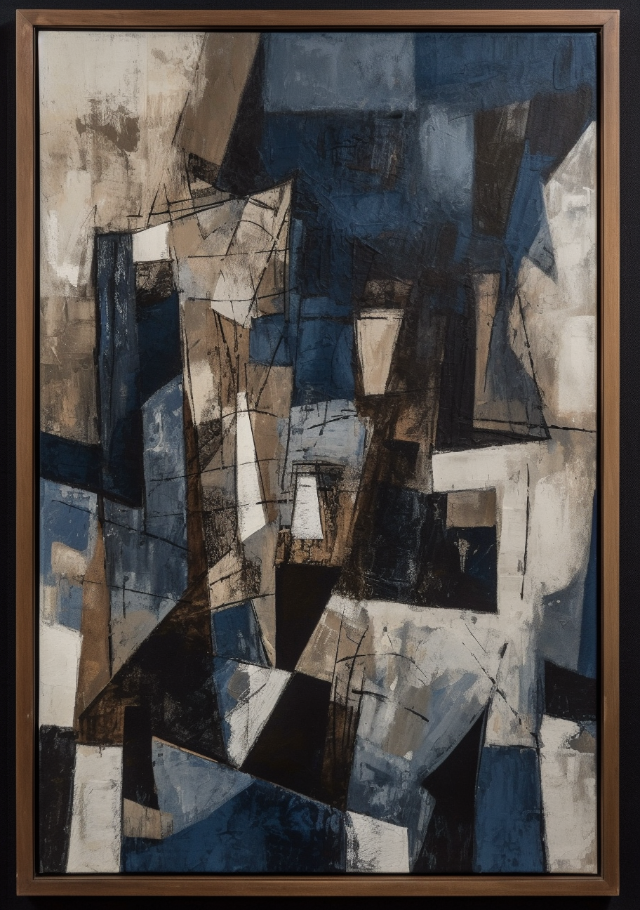 Modern painting with dark blue and beige colors and white.