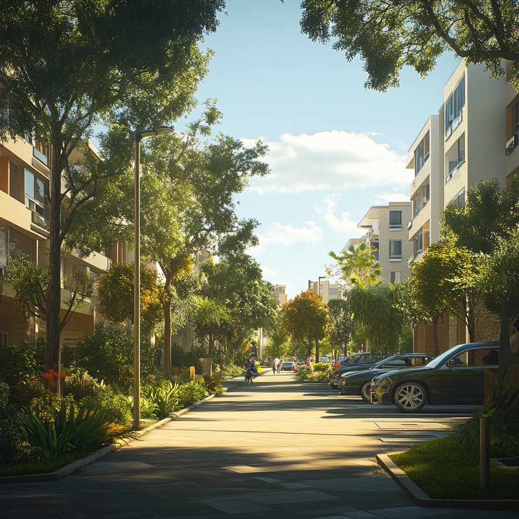 Modern park-street in southern Europea, a few cars parked